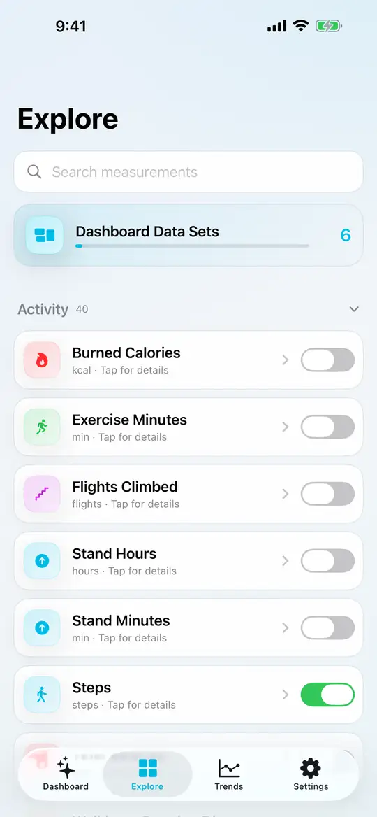 Explore screen with a measurement search, category list and switches beside individual measurements.