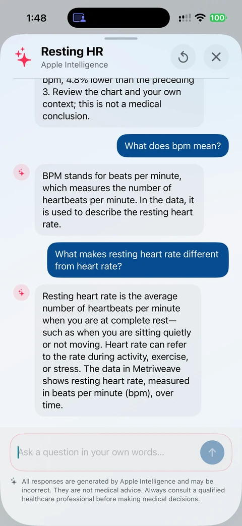 Explain AI answering questions about resting heart rate in the actual Metriweave app.