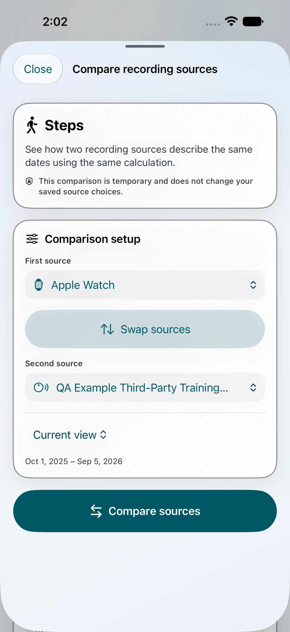 Metriweave 2.5 recording-source comparison with Apple Watch and an example third-party source. Demonstration data; Pro view.